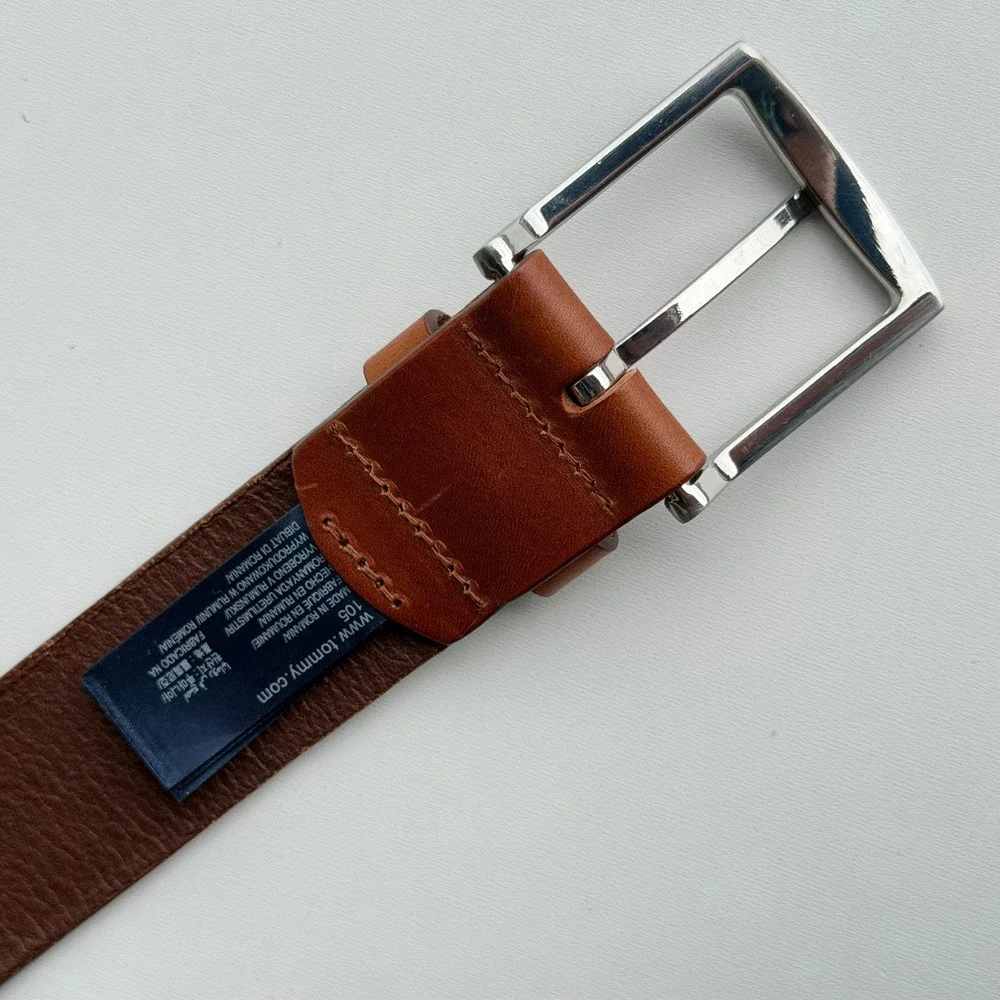 Tommy Hilfiger Brown Leather Belt Mens 42 Classic Flag Logo 90s Preppy Casual